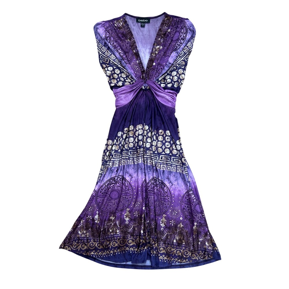 Vintage Bebe Purple Ombre Gold‎ Metallic Boho V-Neck Tie Waist Dress Small fairy